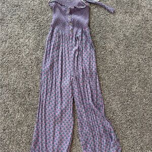 Olivaceous Lavender Floral Button-Front Wide-Leg Jumpsuit